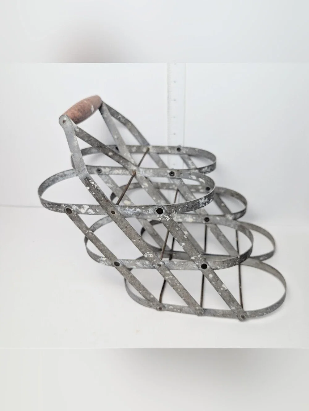 Vintage Authentic French Metal Bottle Carrier Galvanized Metal w Wooden‎ Handle